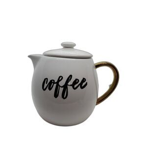 Threshold Stoneware Coffee Pot with black writing and a Gold Colored Handle